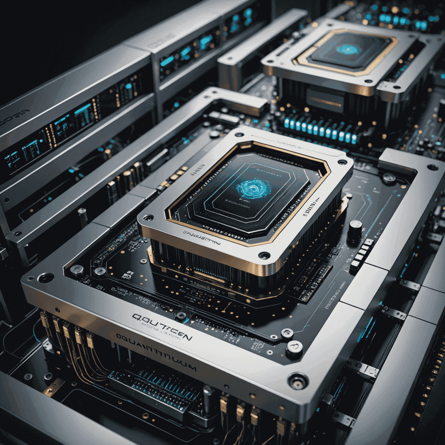 A sophisticated quantum computer integrated with classical computing infrastructure. The image shows a sleek, futuristic quantum processor connected to traditional servers, symbolizing the seamless integration of quantum and classical systems.