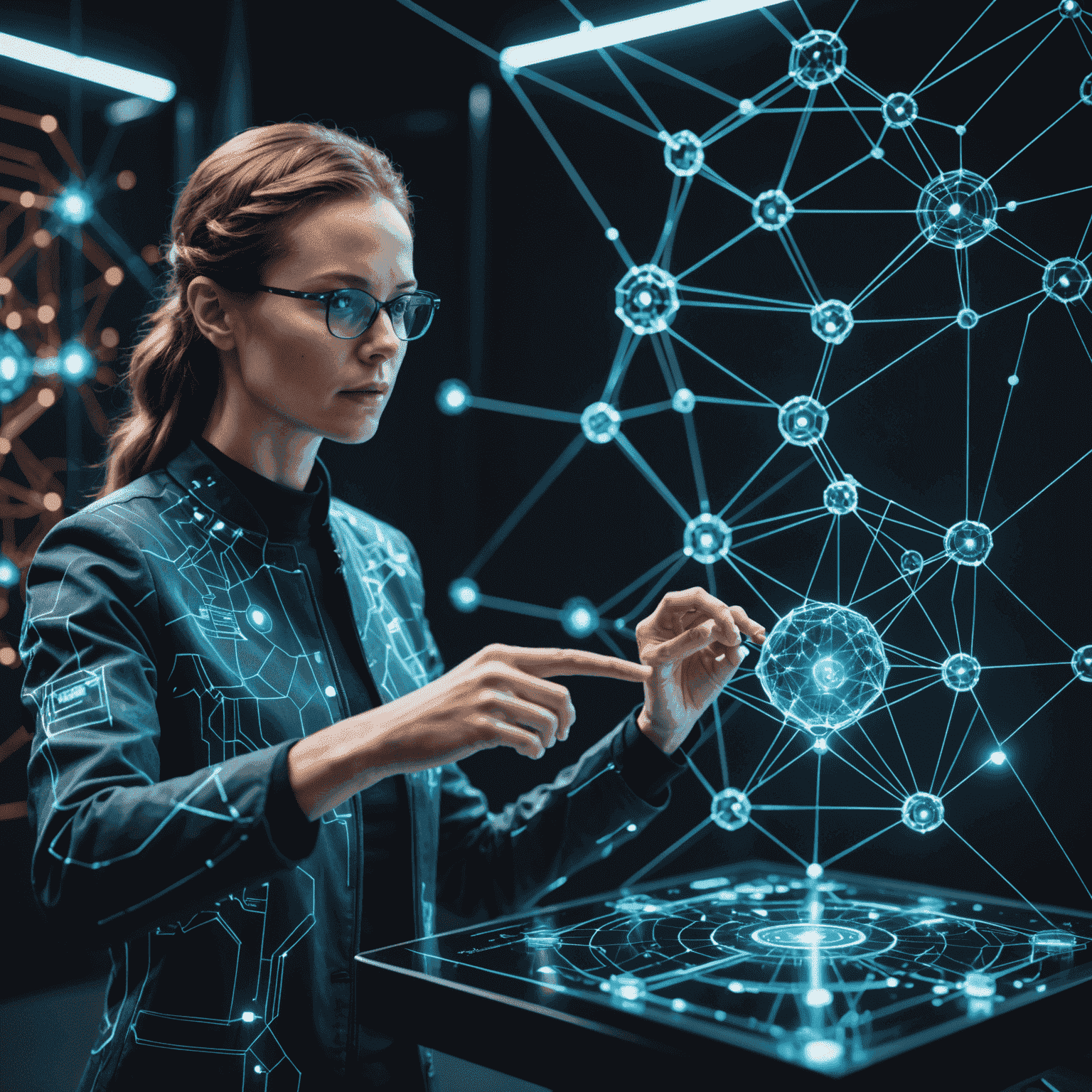 A futuristic image representing quantum strategy with interconnected nodes and a person pointing at a holographic display of quantum circuits