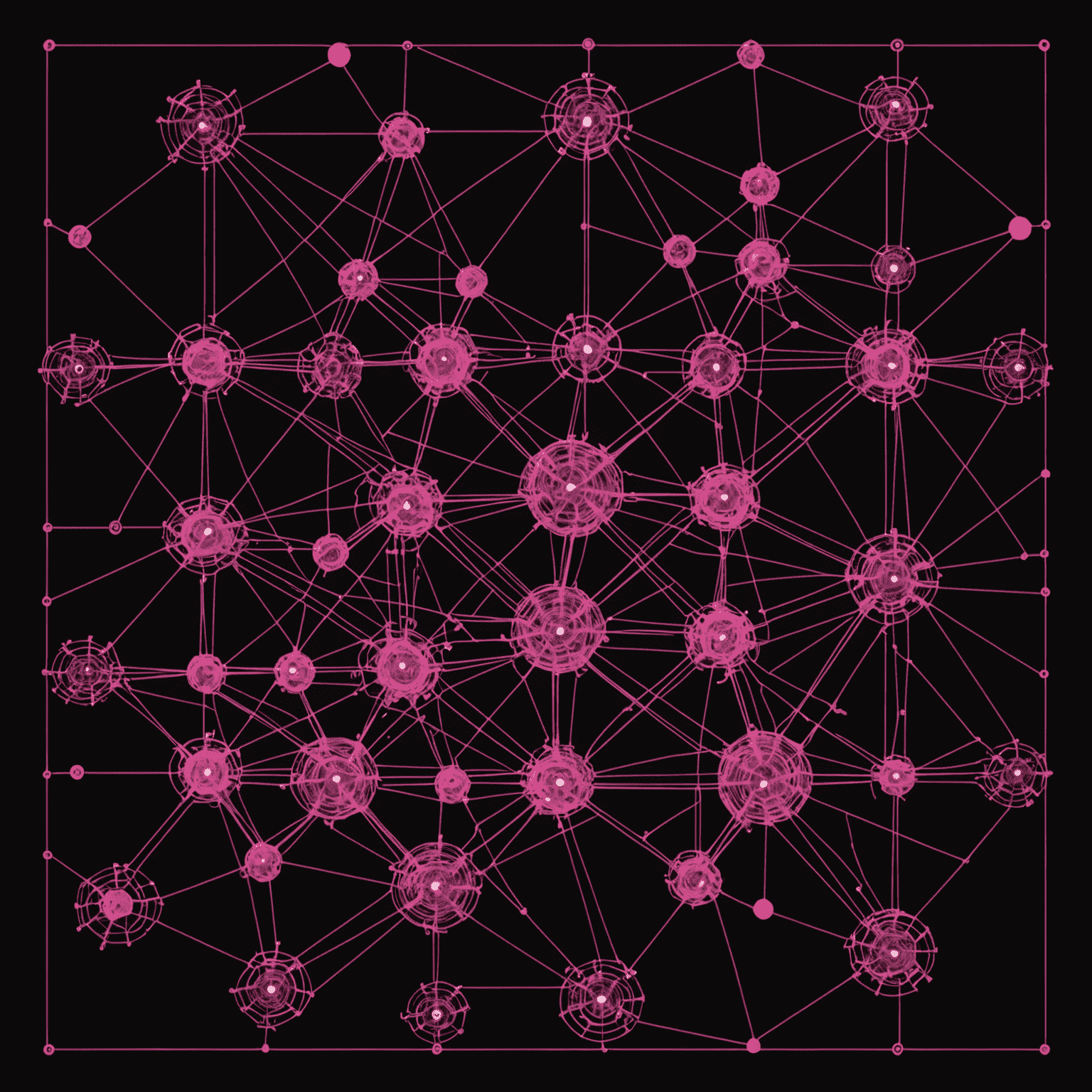 A complex network of quantum gates and circuits representing quantum algorithms, with pink and red lines connecting various nodes on a black backdrop