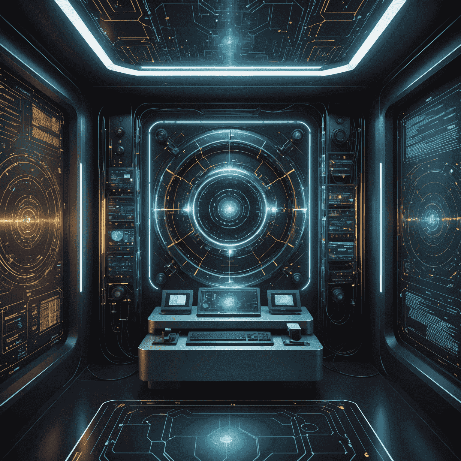 A futuristic quantum computer setup with holographic displays showing complex quantum circuits and data visualizations