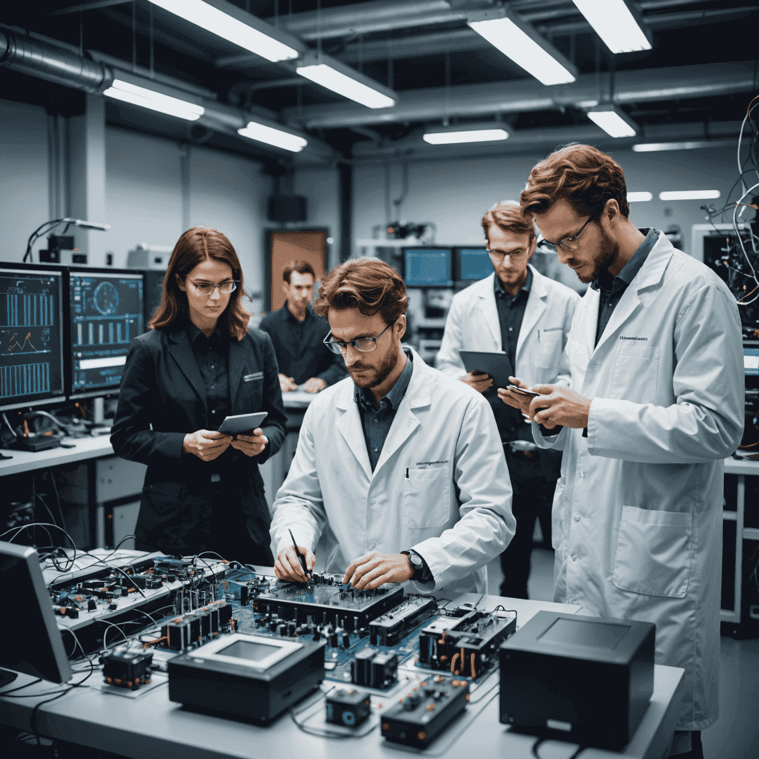 A team of Qubletic engineers working on integrating quantum hardware with classical systems. The image shows professionals in a high-tech laboratory environment, surrounded by both quantum and classical computing equipment.