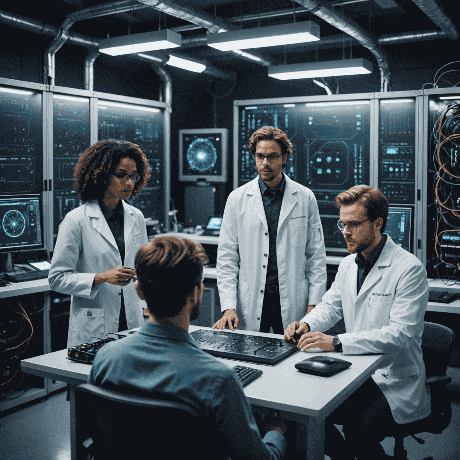 A diverse team of quantum physicists and cryptographers working in a high-tech laboratory with quantum computers and advanced equipment