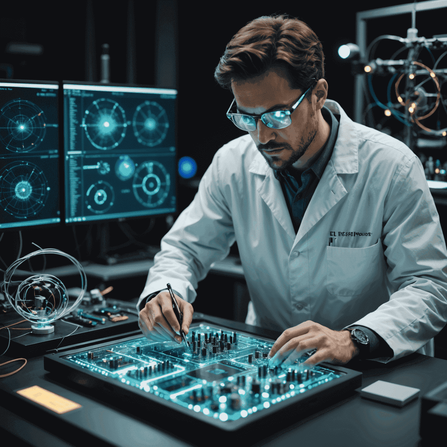 A scientist examining various quantum hardware components with holographic data projections