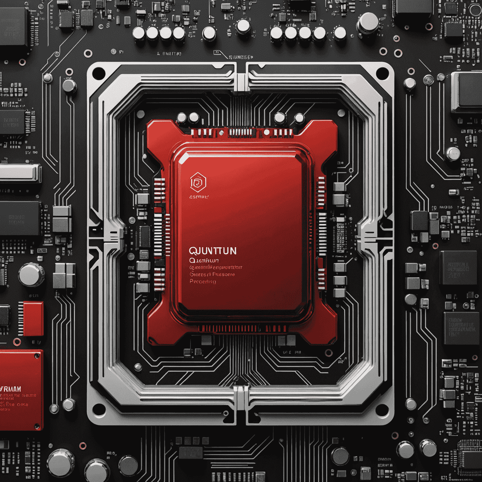 A sleek quantum computer processor integrated with classical computing components, showcasing a blend of futuristic design in red and traditional hardware in black and white