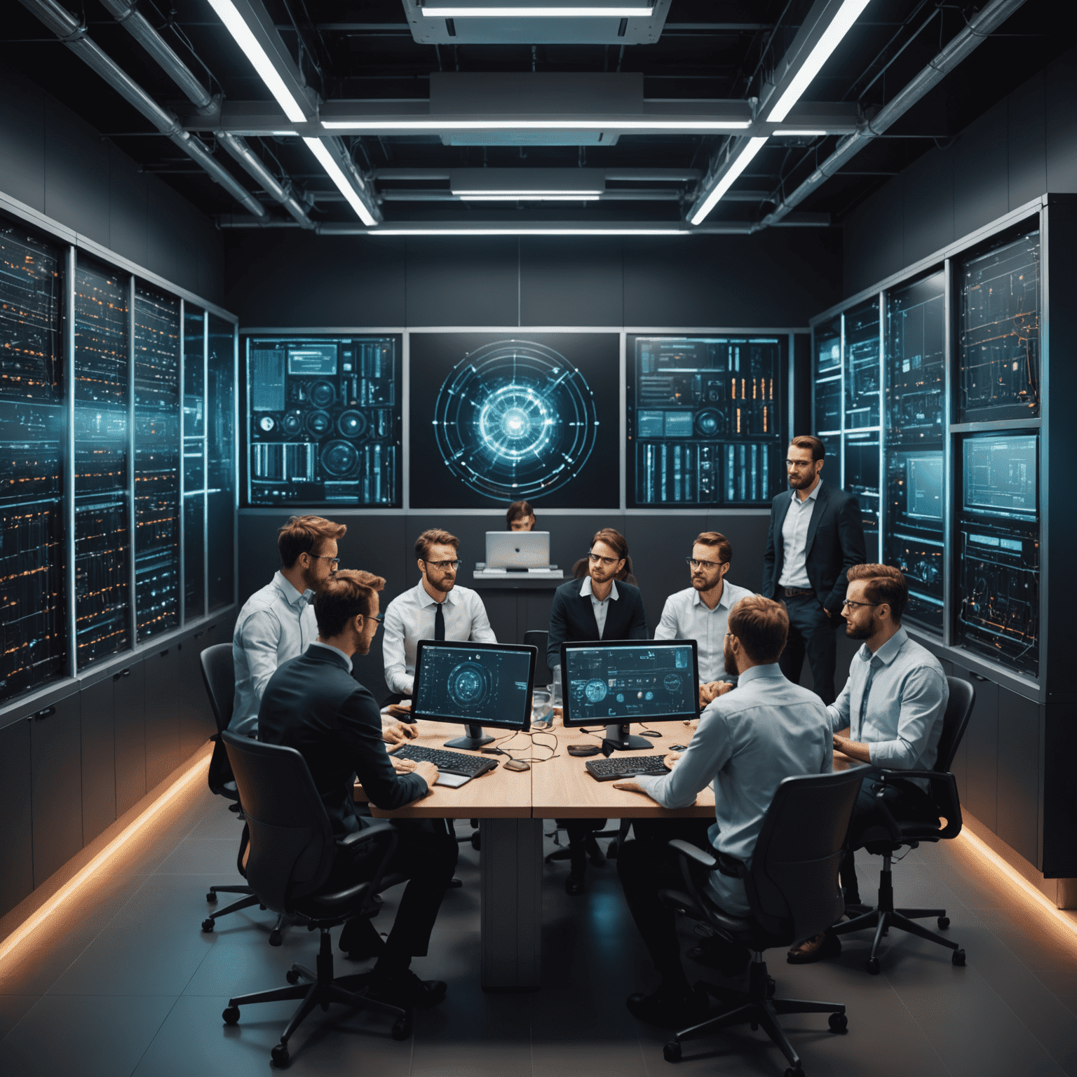 A team of professionals working together on quantum computers and discussing implementation strategies