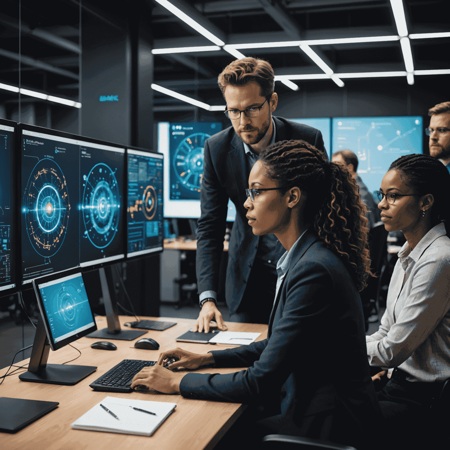 A diverse group of professionals attending a quantum computing workshop with interactive displays