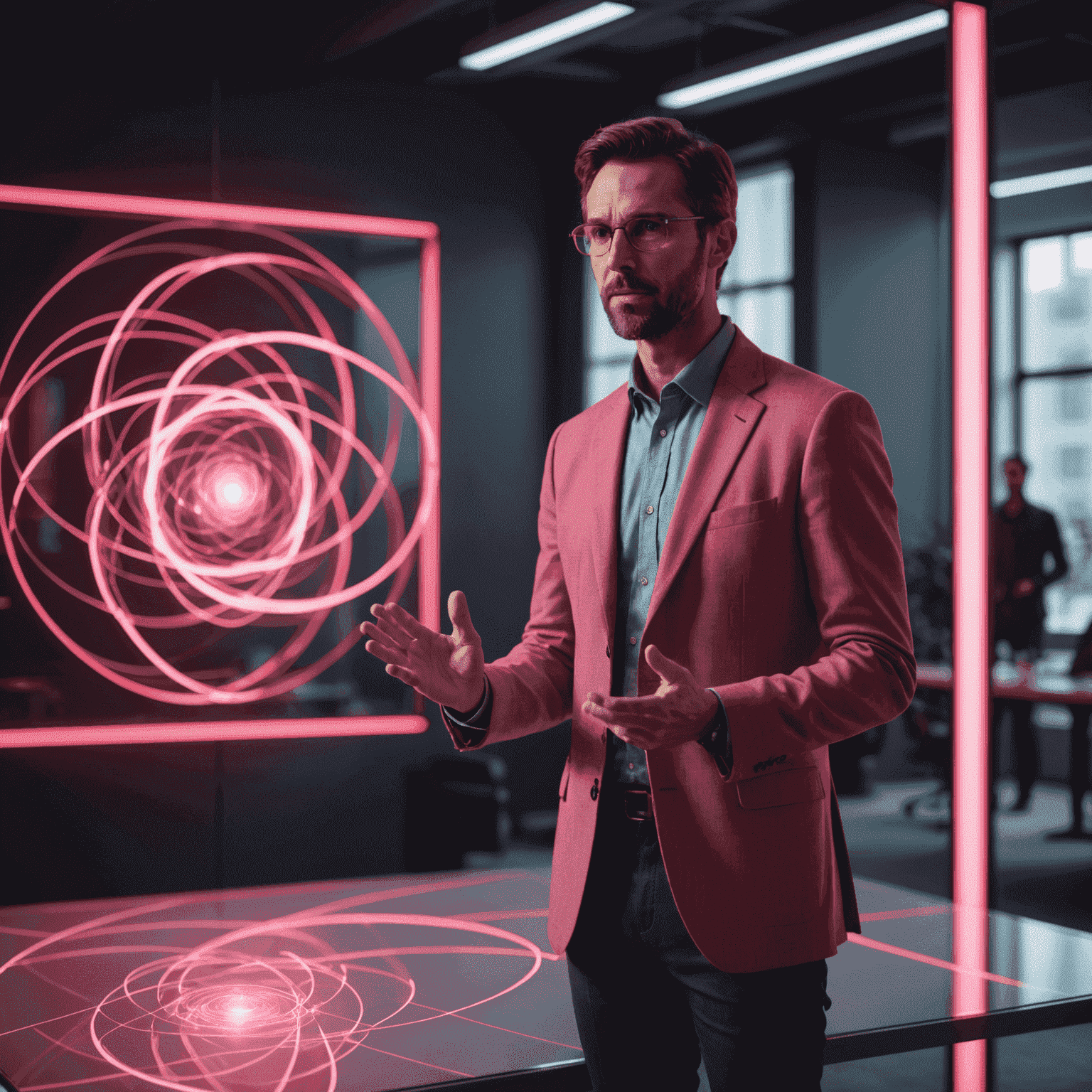 A professional quantum expert explaining quantum concepts using holographic projections in red and pink, set against a modern office backdrop