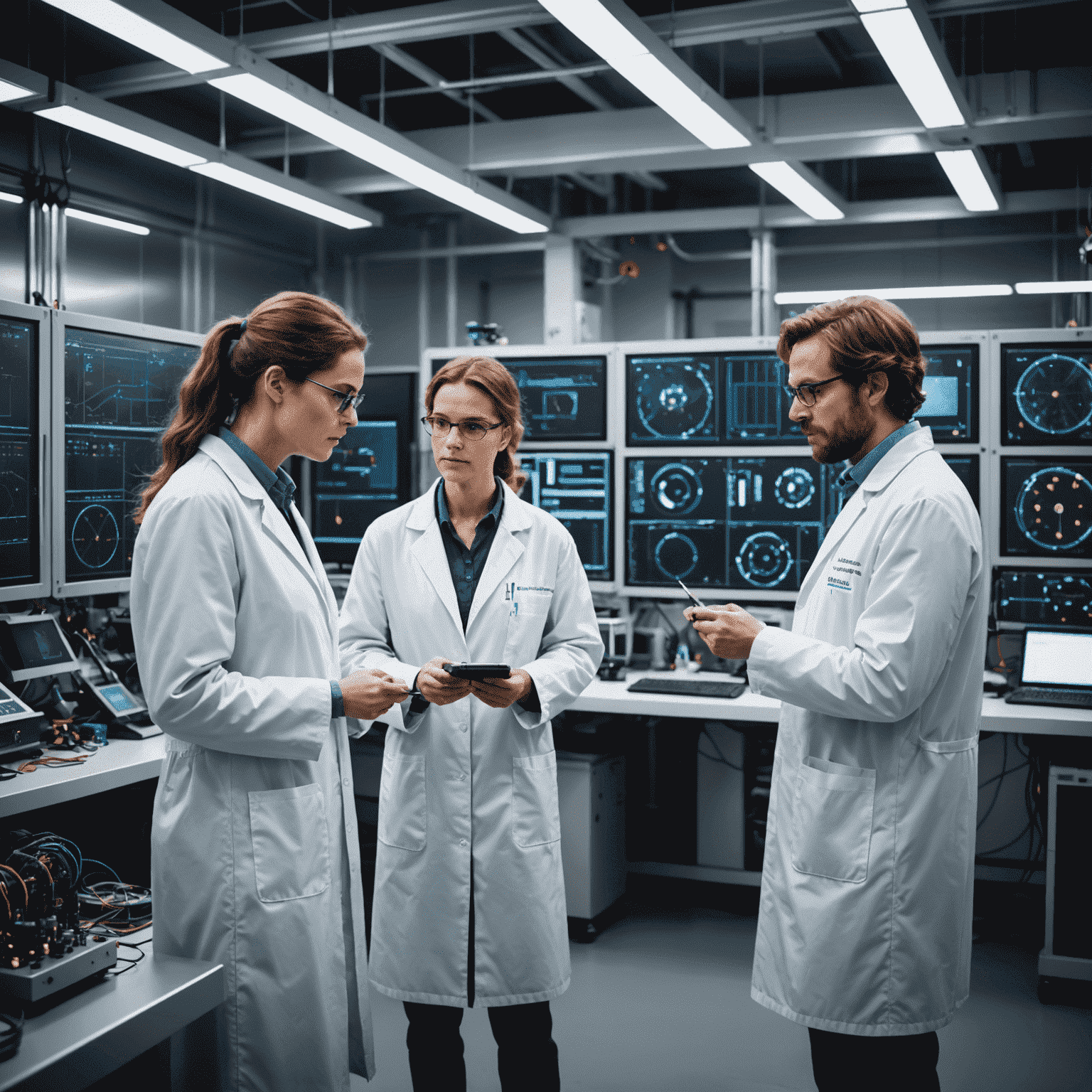 Scientists collaborating in a high-tech quantum research laboratory with advanced equipment